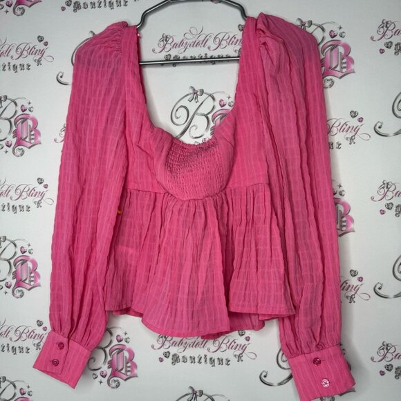 Wayf top long sleeve pink plaid print puff shoulders cute with button cuffs BNWT - Picture 7 of 13